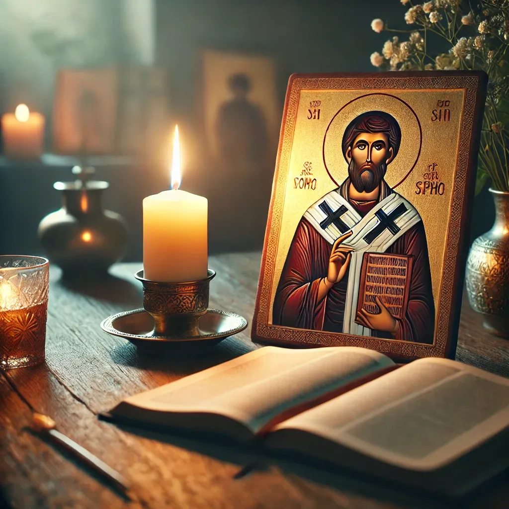 Молитвенная сцена с иконой Николая Чудотворца, свечой и Библией.