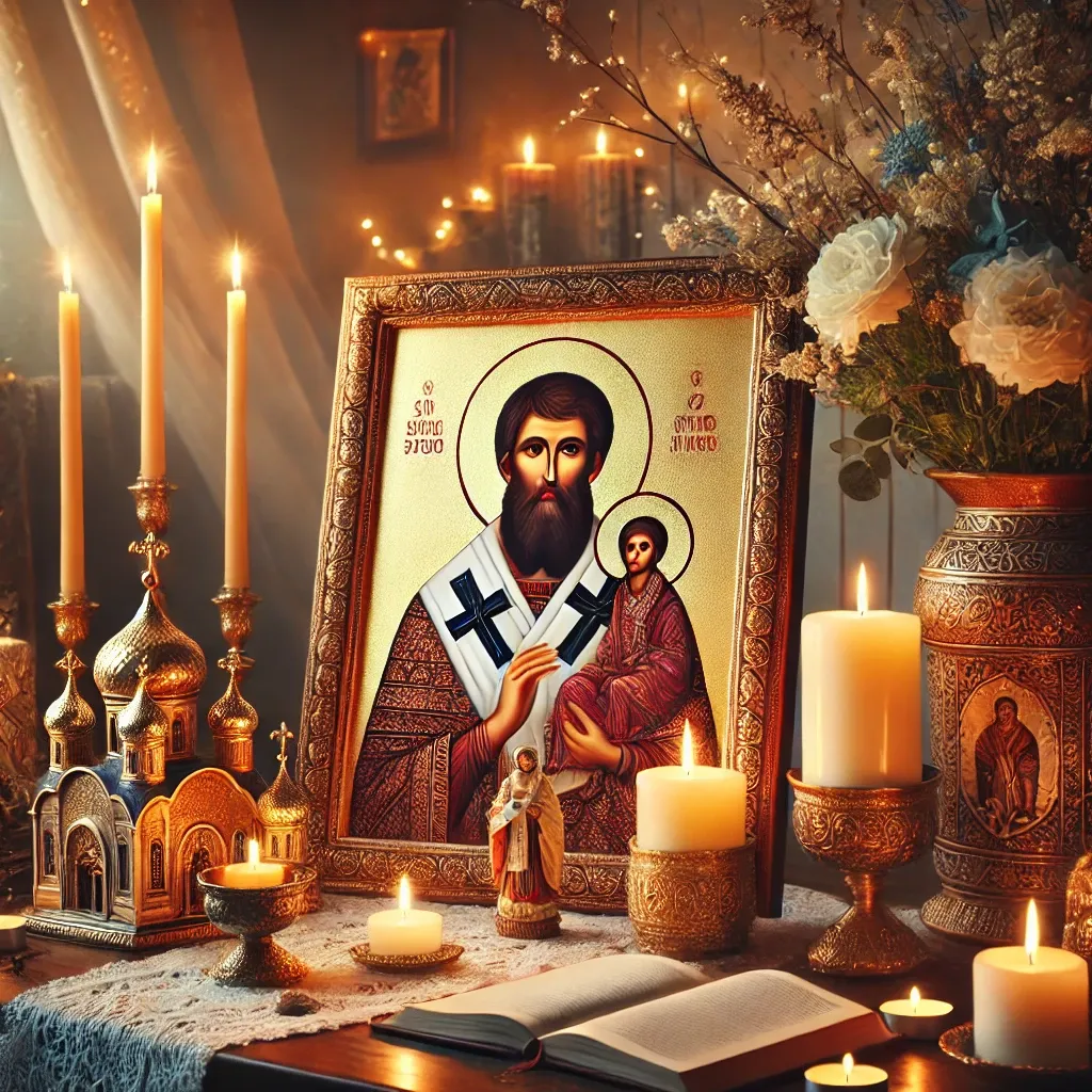 Икона Николая Чудотворца на столе со свечами, символизирующая молитву и веру.