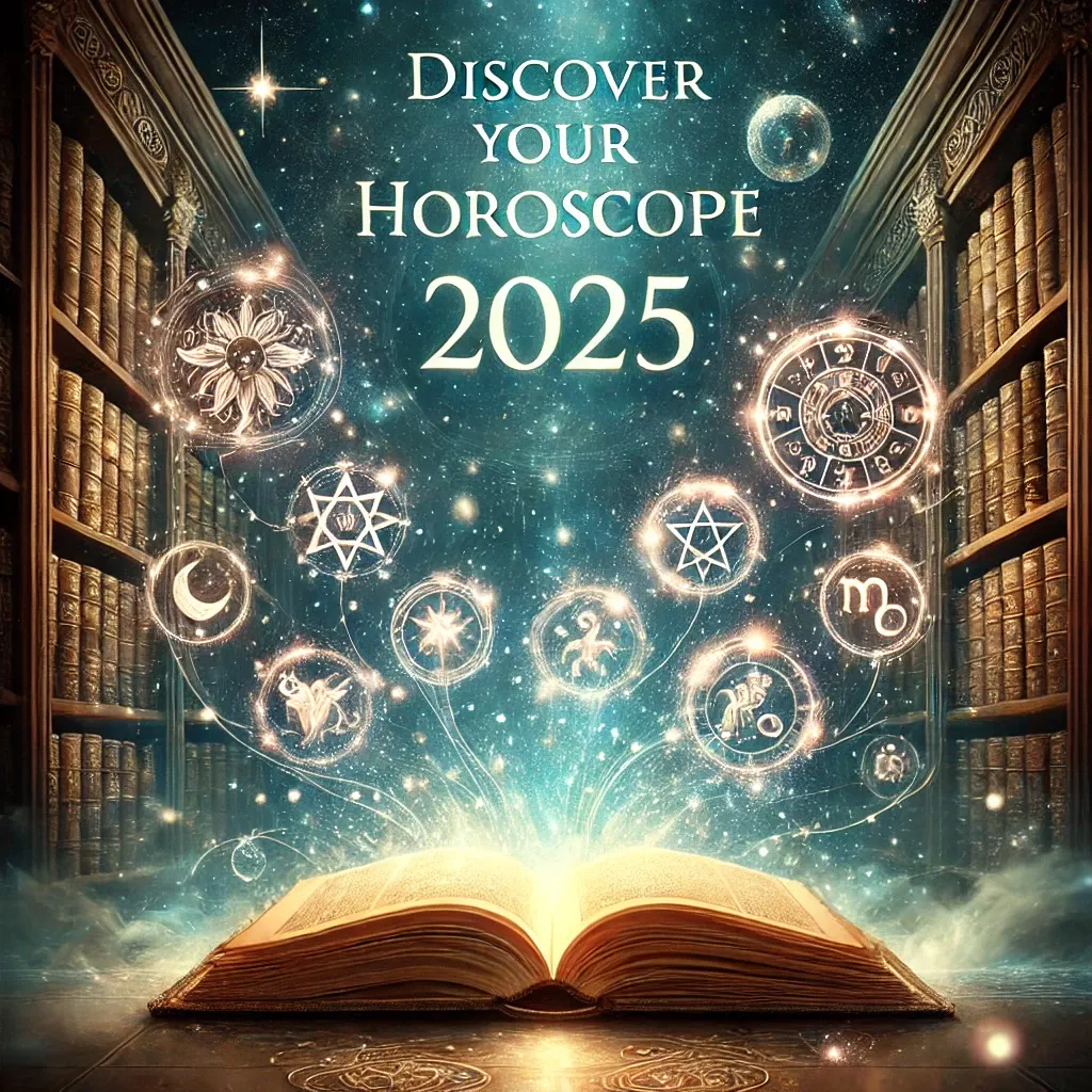 Волшебная иллюстрация книги с символами зодиака для гороскопа 2025 года.