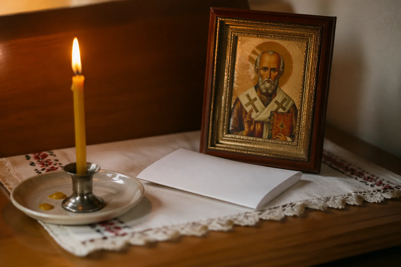 Сложенный лист с одним написанным желанием, икона Николая Чудотворца и тонкая восковая свеча крупным планом на деревянной полке — ритуал молитвы об исполнении желания