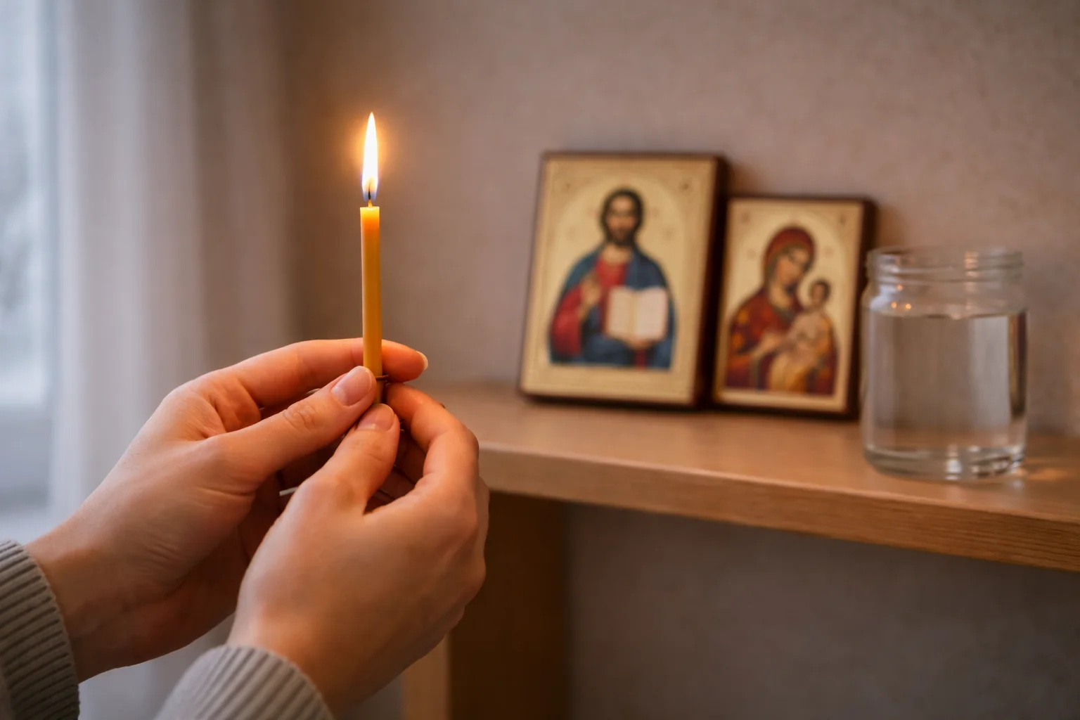 Руки держат зажжённую церковную свечу перед домашними иконами и банкой крещенской воды — молитва от пожара на Крещение