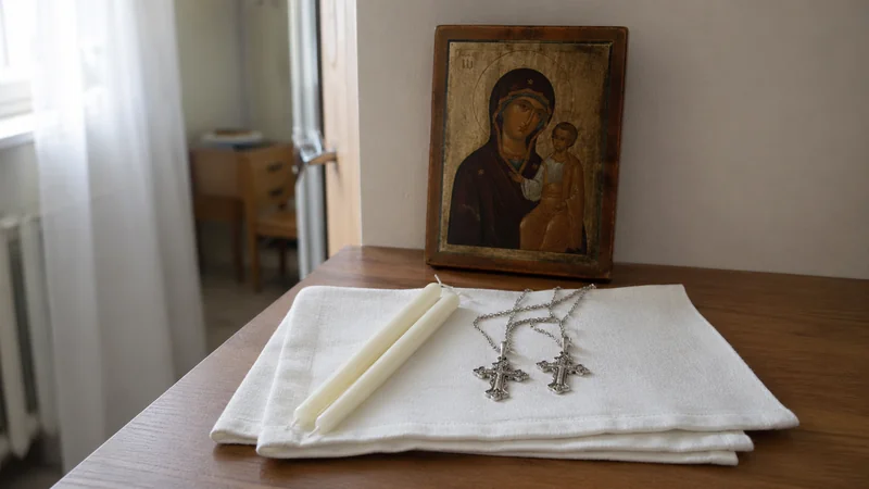 Открытый молитвослов с закладкой, горящая восковая свеча и икона Богородицы на полке — утренняя домашняя молитва перед Венчанием