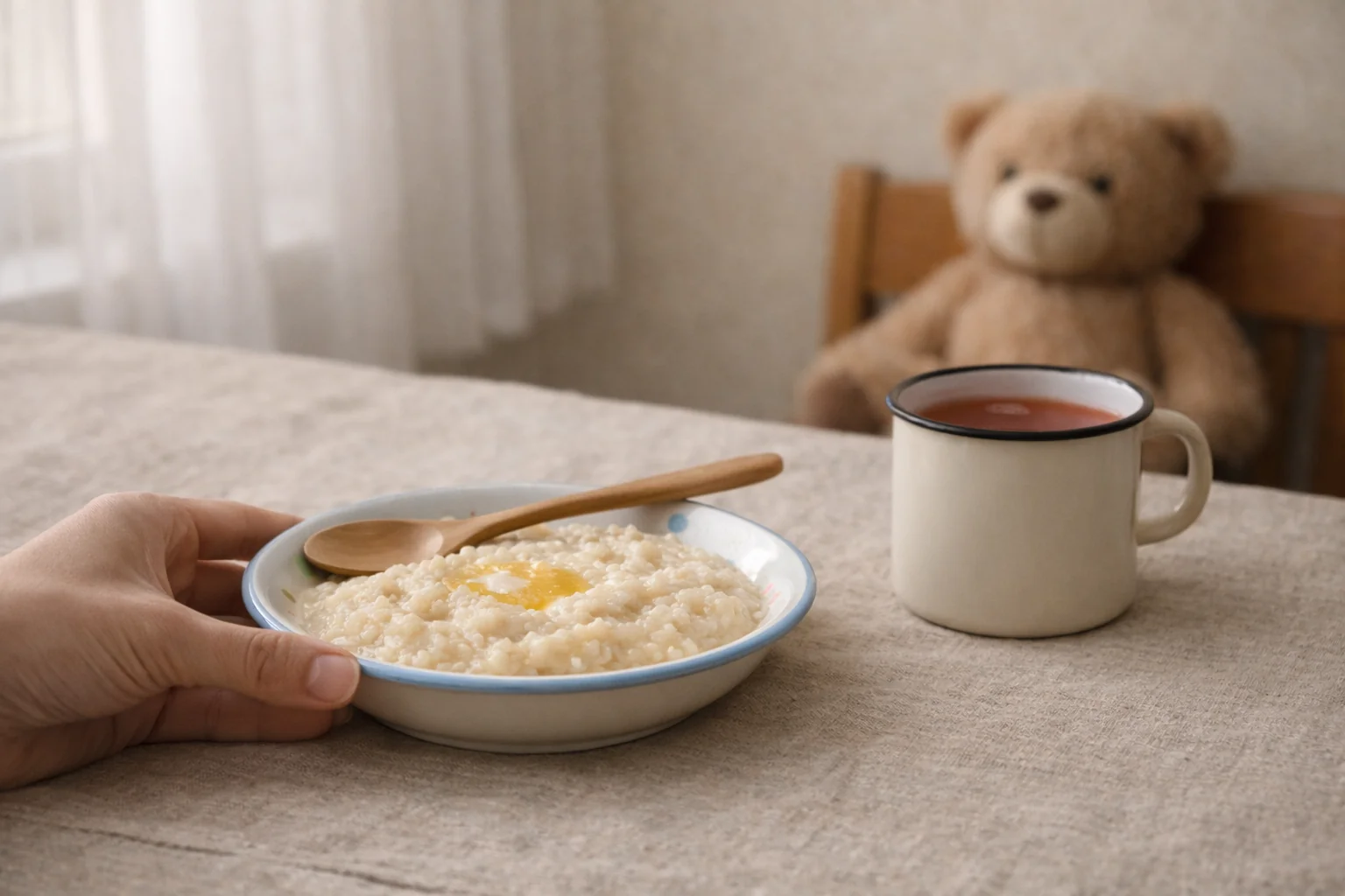 Детская тарелка с кашей, деревянная ложка и кружка с компотом на льняной скатерти — заговор чтобы ребенок хорошо кушал