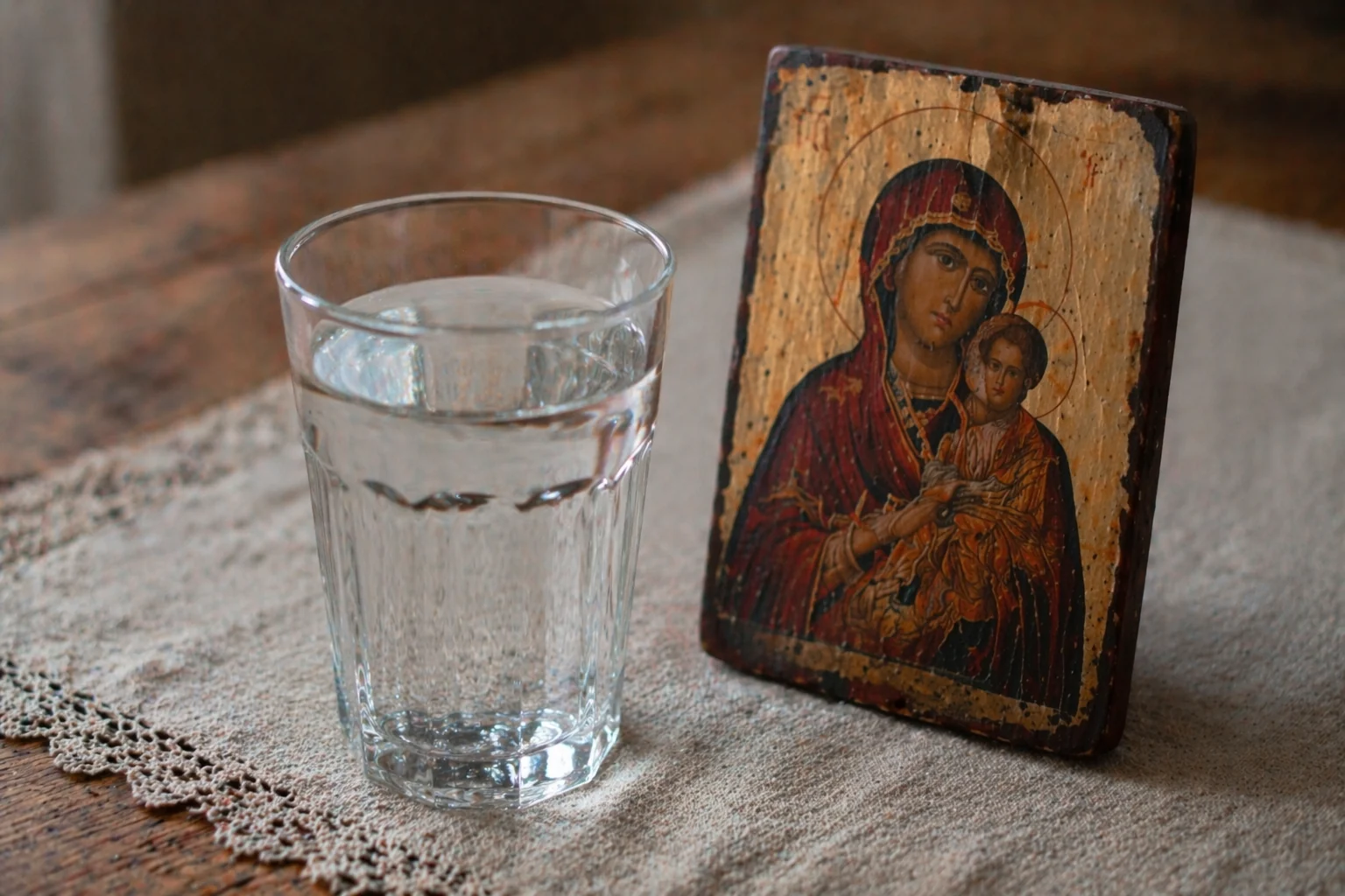 Крупный план — стакан воды и Владимирская икона Богородицы на льняной скатерти — заговорённая вода для обряда