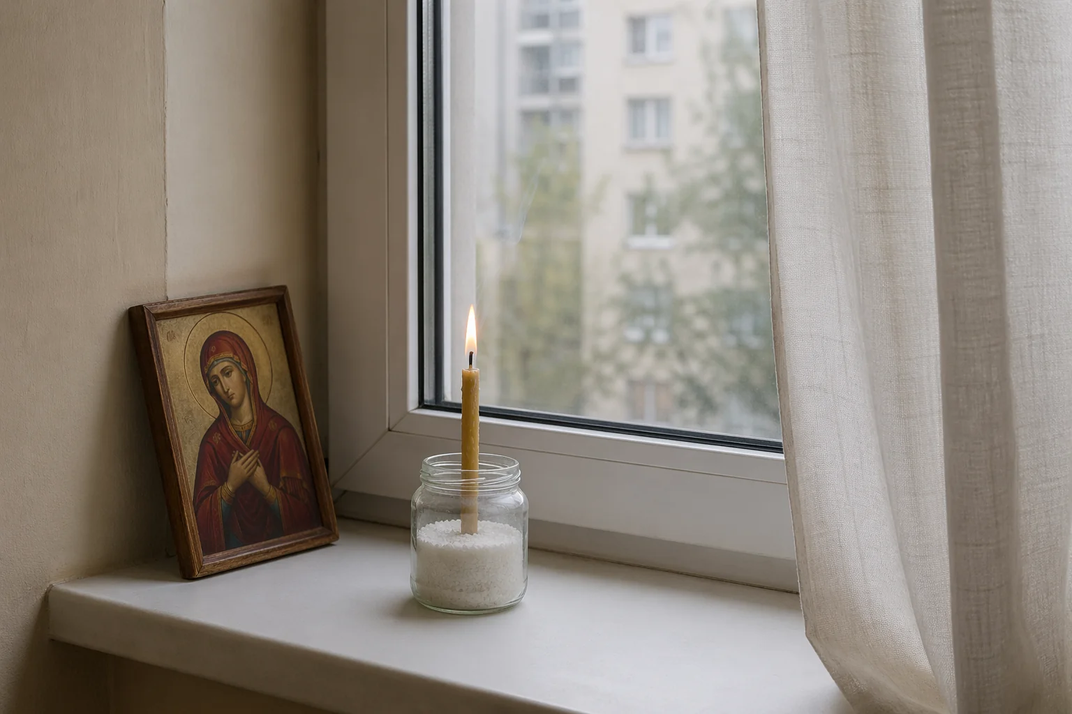 Скромный подоконник с открытой шторой в мягком утреннем свете, на краю — небольшая икона Богородицы, рядом стеклянная банка с песком и догорающая тонкая свеча — сорокаутренний заговор Натальи Степановой на замужество