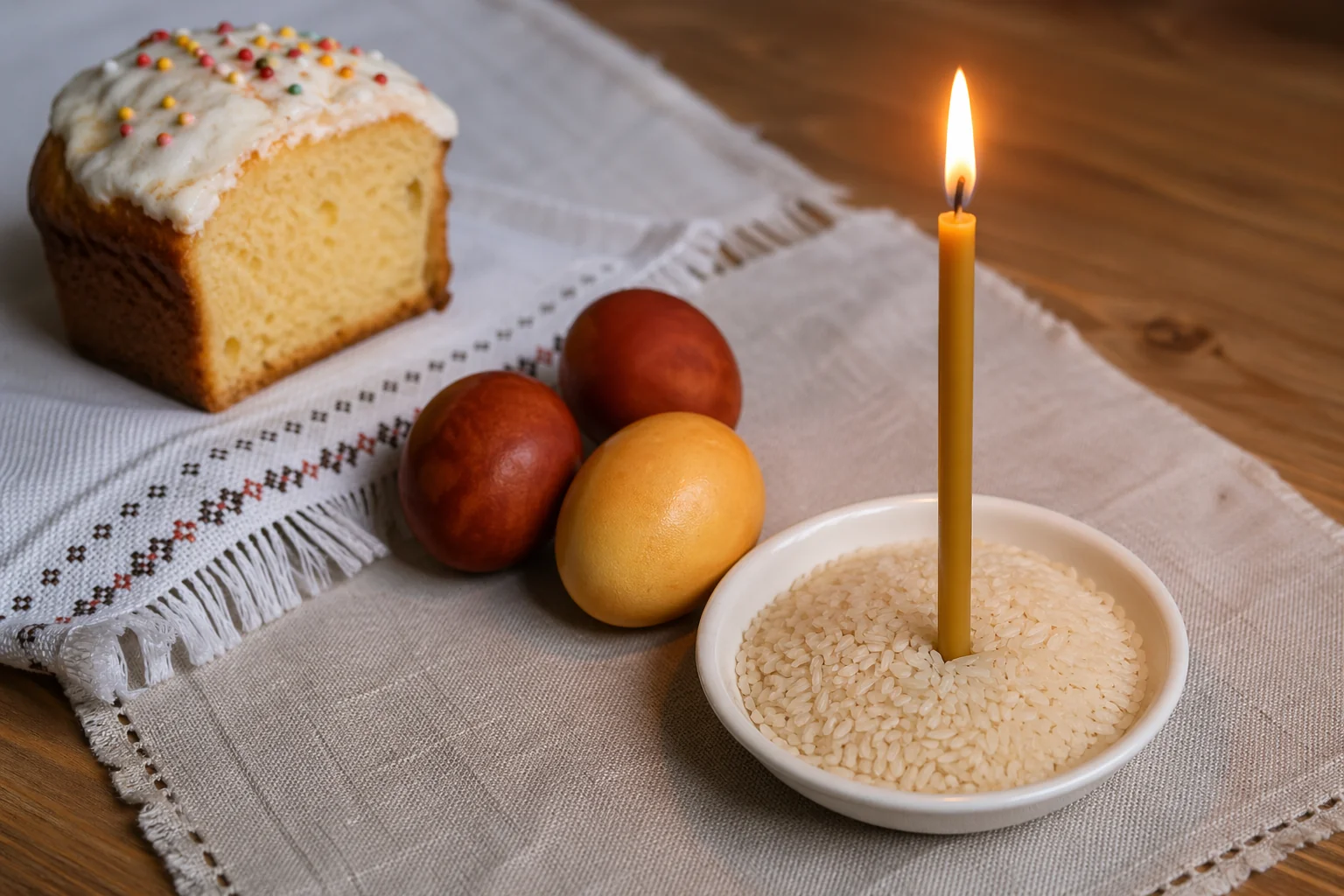 Церковная свеча, крашенки и кусочек кулича на льняной скатерти — обряд заговора-оберега на Пасху