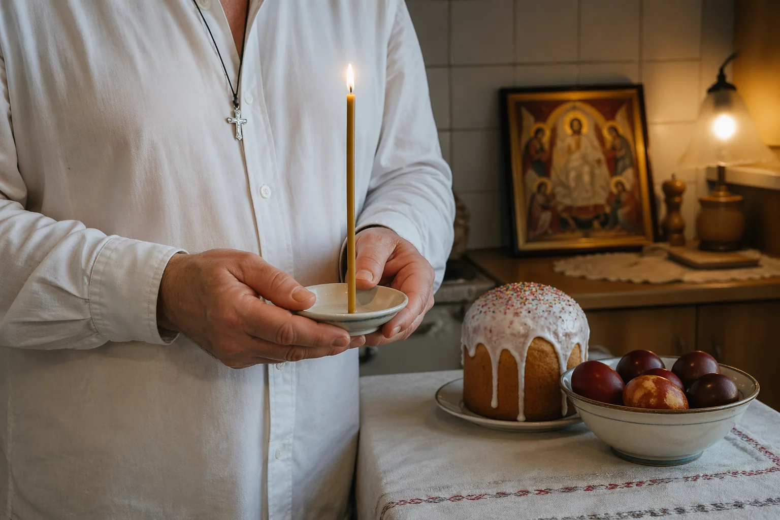 Руки у горящей церковной свечи на фоне пасхального стола — чтение заговора для неуязвимости в ночь перед Пасхой