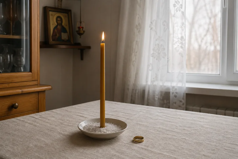 Накрытый домашний стол у окна, горящая церковная свеча в блюдце с солью и рядом обручальное мужское кольцо — атмосфера обряда на Пасху