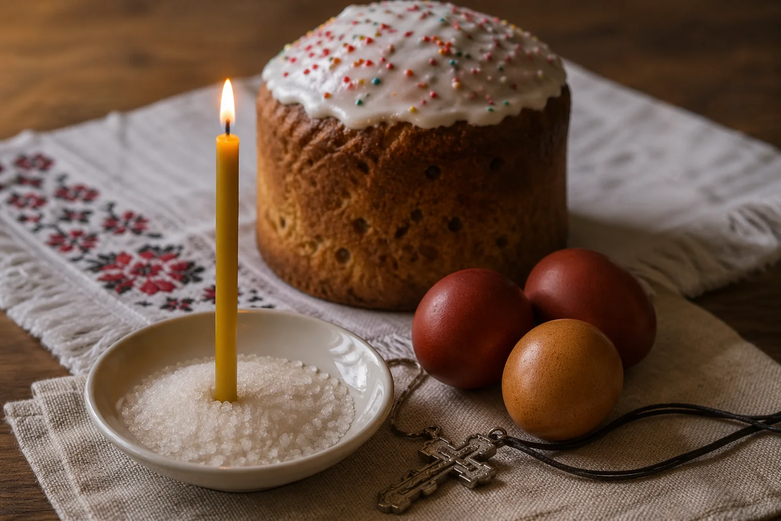 Тонкая церковная свеча в блюдце с солью рядом с освящённым куличом и крашенками — подготовка к заговору на Пасху для неуязвимости