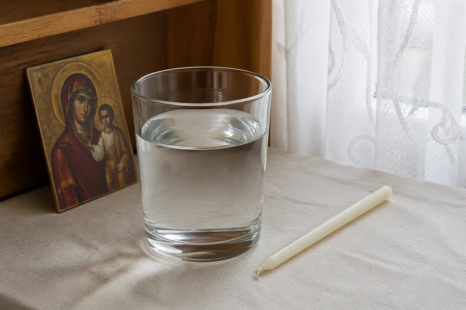 Стакан святой воды, тонкая церковная свеча и иконка Богородицы на льняной салфетке — обряд на зачатие ребенка в Рождество