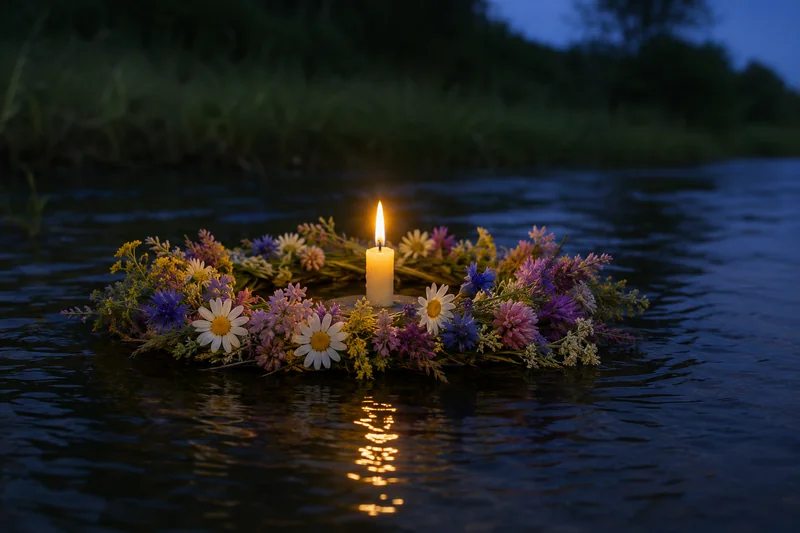 Венок со свечой плывёт по тёмной речной воде ночью — главное гадание на Ивана Купалу на суженого