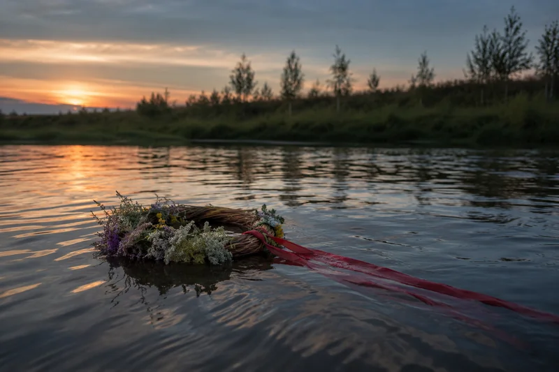 Берёзовый венок плывёт по течению небольшой реки в сумерках — как читают результат гадания на Троицу