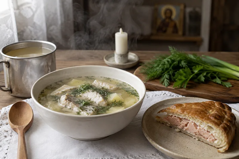 Постный праздничный стол с ухой в керамической миске и куском рыбного пирога на льняной салфетке — что уместно в Иван Купала в Петров пост