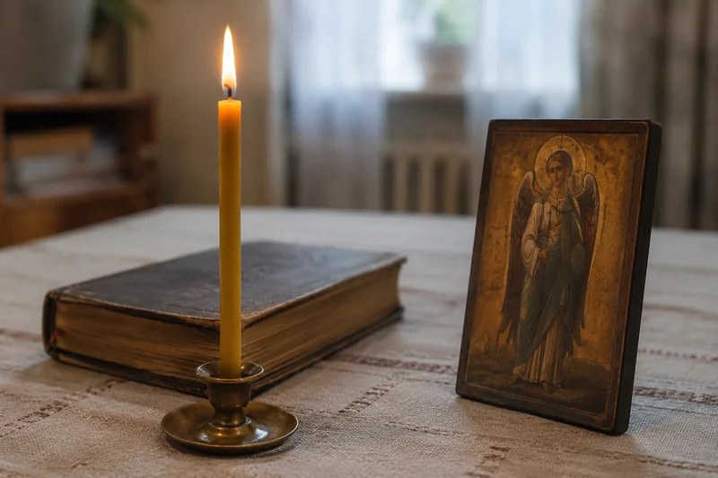 Тонкая восковая свеча, молитвослов и маленькая икона Ангела Хранителя на льняной скатерти — что подготовить дома