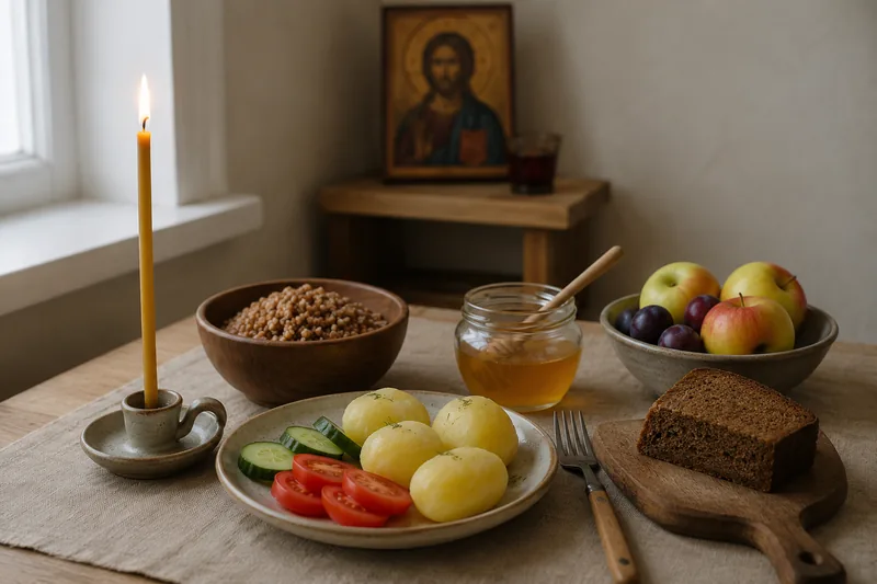 Постный стол с хлебом, мёдом, овощами и крупой на льняной скатерти у иконы Спаса — молитва на начало Успенского поста с Медового Спаса