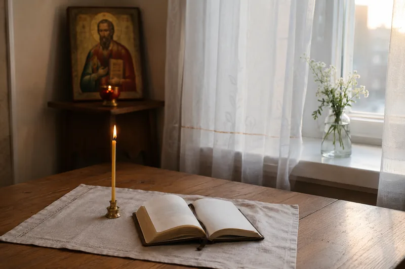 Утренний свет на молитвослове и горящей свече перед иконой апостола Павла — когда читать молитву апостолу Павлу о делах