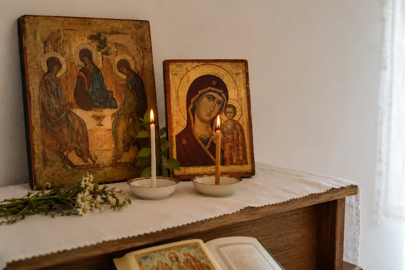 Икона Богородицы рядом с иконой Троицы, две тонких свечи и берёзовая ветка у молитвослова — молитва на Троицу о замужестве