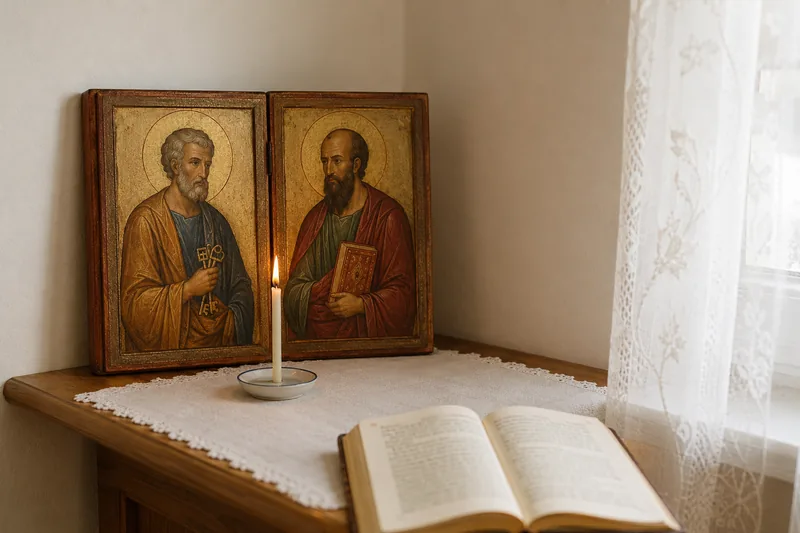 Икона святых апостолов Петра и Павла на полке с горящей свечой и открытым молитвословом — тропарь и кондак, молитва в Петров пост Петру и Павлу