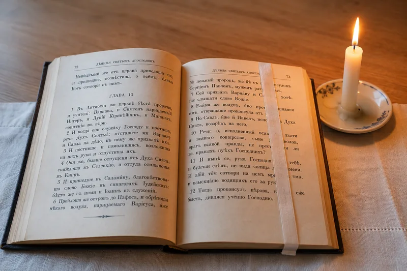 Крупный план открытой главы книги Деяний апостольских с тонкой бумажной закладкой и свечой — чтение Деяний по главам в Петров пост Петру и Павлу