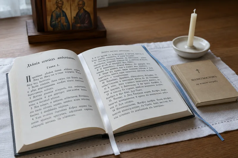 Книга Деяний апостольских с закладкой на первой главе, молитвослов и свеча на льняной салфетке — что подготовить к молитве в Петров пост Петру и Павлу