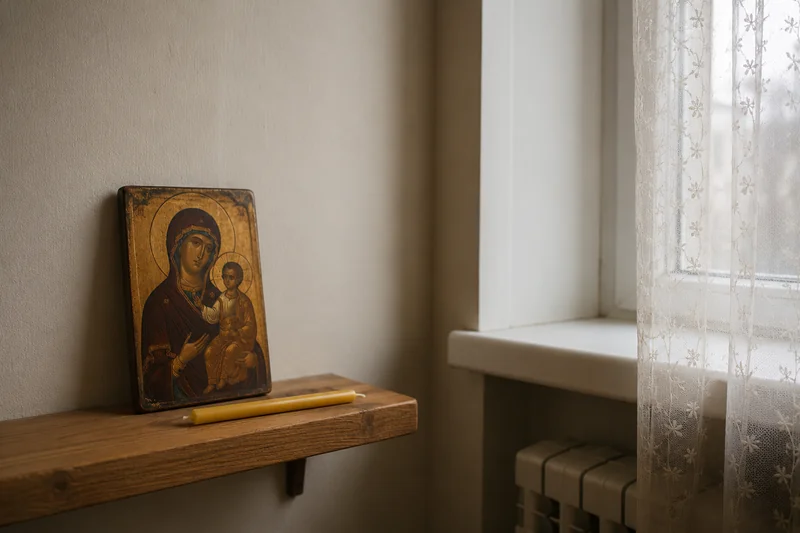 Небольшая икона Богородицы на полке у окна в спокойном дневном свете — как правильно понимать молитву на отвод беды