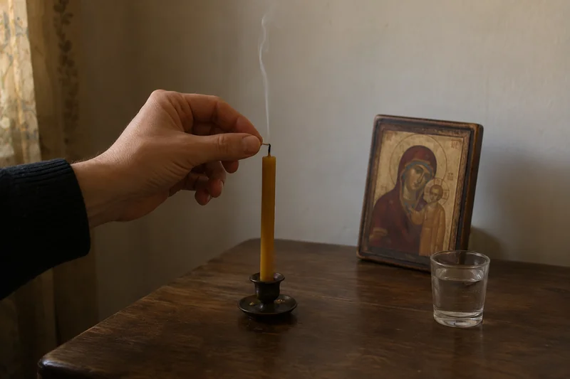 Восковую свечу гасят пальцами после молитвы, рядом икона и стопка воды — чего при молитве на отвод беды не делают