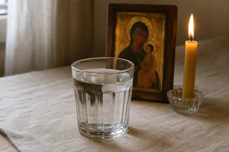 Гранёная стопка чистой воды перед иконой и горящей свечой крупным планом — молитва Параскеве Пятнице на воду