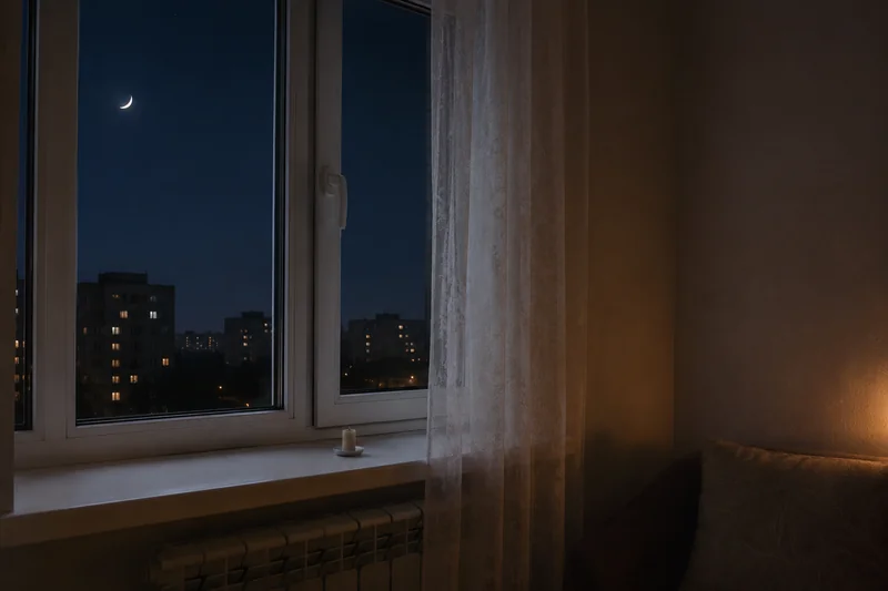 Тонкий убывающий месяц за окном тёмной комнаты с тюлем — когда читать обряд возврата зла