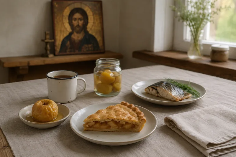 Постный стол на Яблочный Спас: кусок пирога с яблоком, печёное яблоко с мёдом, запечённая рыба, мочёные яблоки, чай — что можно и нельзя есть в Успенский пост