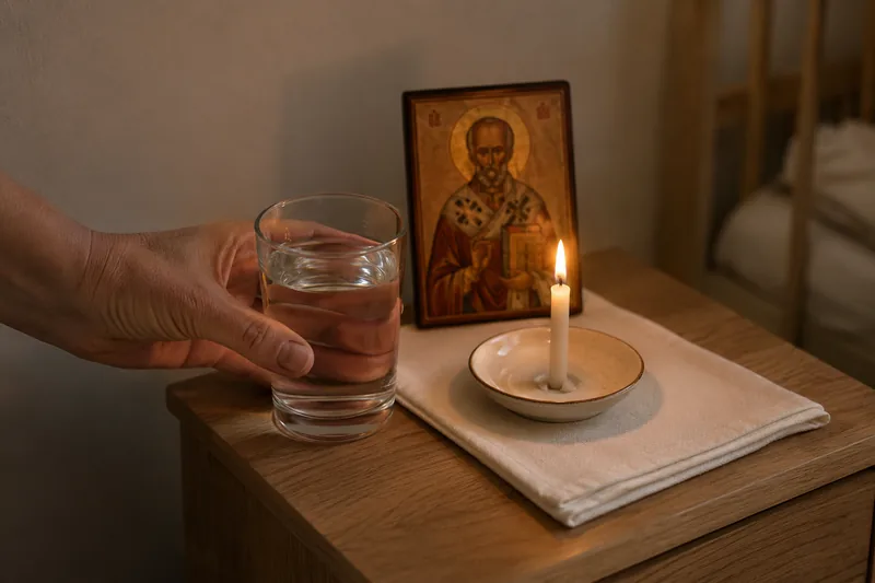 Материнская рука держит стакан воды у изголовья детской кроватки, на тумбочке тонкая свеча и икона Николая — народный заговор о здоровье ребёнка