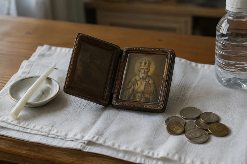 Складная иконка Николая, чистый льняной платок, тонкая свеча и горсть мелких монет на столе — оберег на дорогу на Николу Вешнего