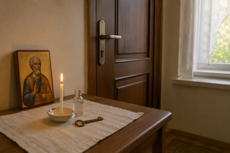 Утренний свет на бутылочке святой воды и тонкой свече у входной двери — оберег на дом на Петров день, когда проводить обряд