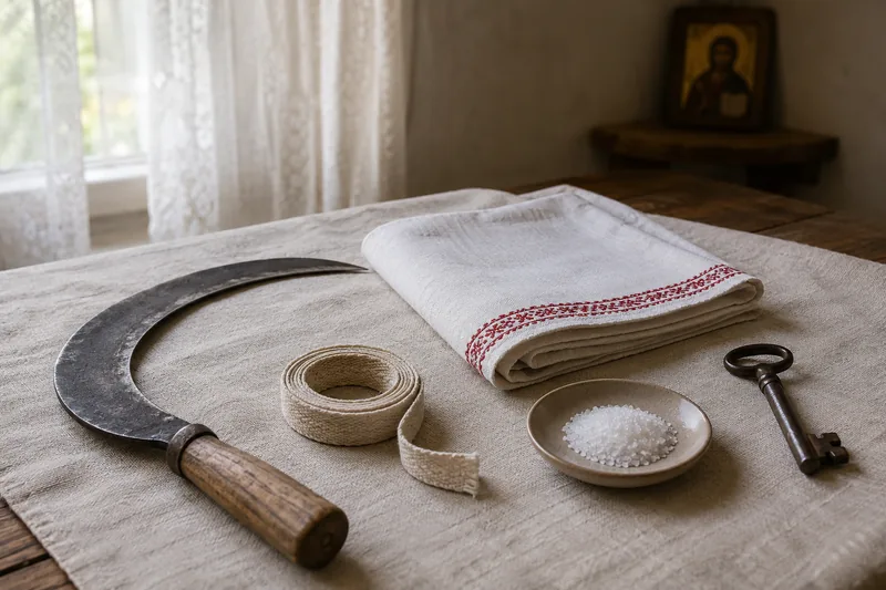 Серп с деревянной рукоятью, льняной рушник с красной каймой, льняная лента, блюдце с солью и ключ от амбара на скатерти — что подготовить для обряда на первый сноп