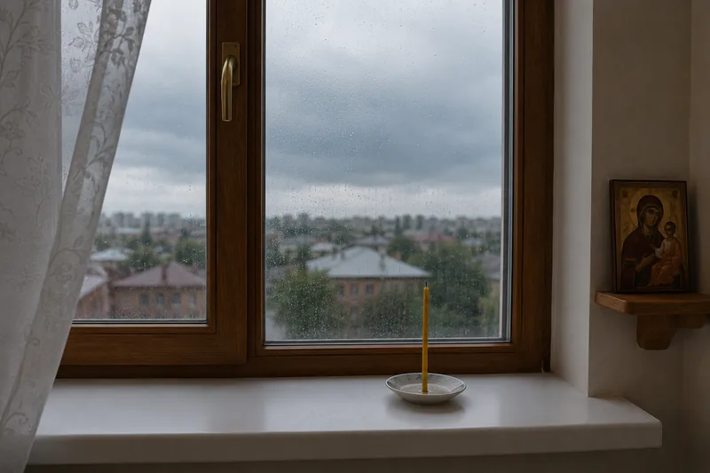 Тёмное предгрозовое небо за окном тихой комнаты с иконой — обряды на Ильин день от грозы
