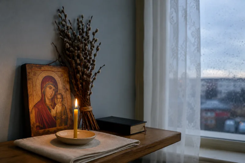 Тонкая жёлтая свеча у иконы и пучок вербы рядом, тихая молитва — народный заговор на Ильин день от грозы