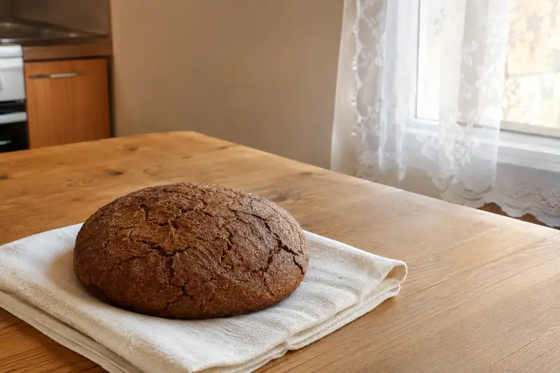 Тёмный круглый ржаной хлеб, испечённый из теста переклáда, остывает на простом льняном полотенце на деревянном столе у окна — что делать с готовым хлебом после обряда