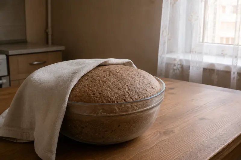 Стеклянная миска с поднимающимся ржаным тестом, накрытая краем льняного полотенца, стоит на простом деревянном столе при тёплом дневном свете — момент чтения заговора при переклáде порчи на тесто