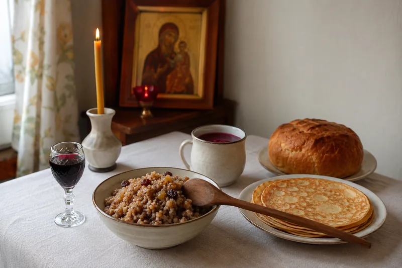 Поминальный домашний стол с кутьёй, блинами и киселём — что готовят на троицкую родительскую субботу