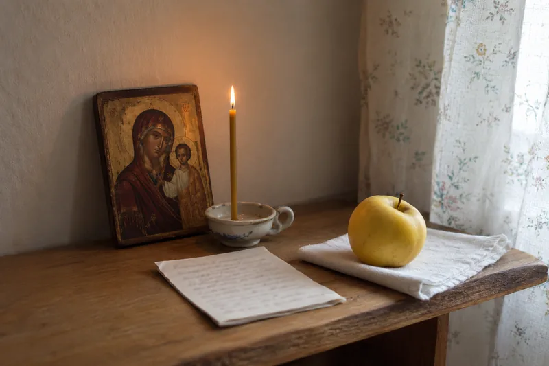 Тонкая церковная свеча, маленькая икона Богородицы и одно освящённое яблоко на белом полотенце в красном углу — молитва о упокоении младенца на Яблочный Спас