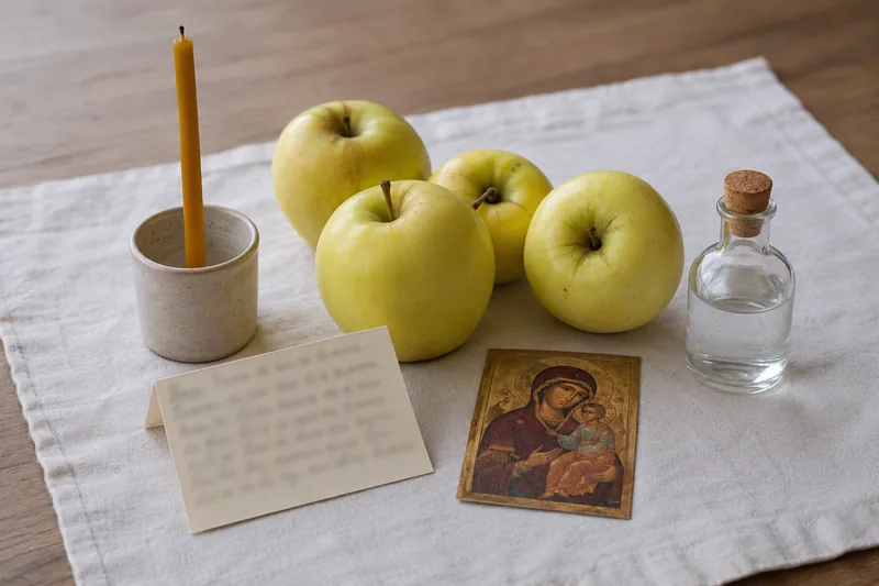 Освящённые яблоки, маленькая иконка Богородицы, тонкая церковная свеча и записка о упокоении на белом льняном полотенце — что подготовить к 19 августа