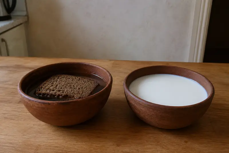 Глиняная миска с куском чёрного ржаного хлеба и святой водой рядом со второй глиняной миской с молоком на простом деревянном столе в спокойном вечернем свете — отличие хлебного обряда снятия порчи от молочного