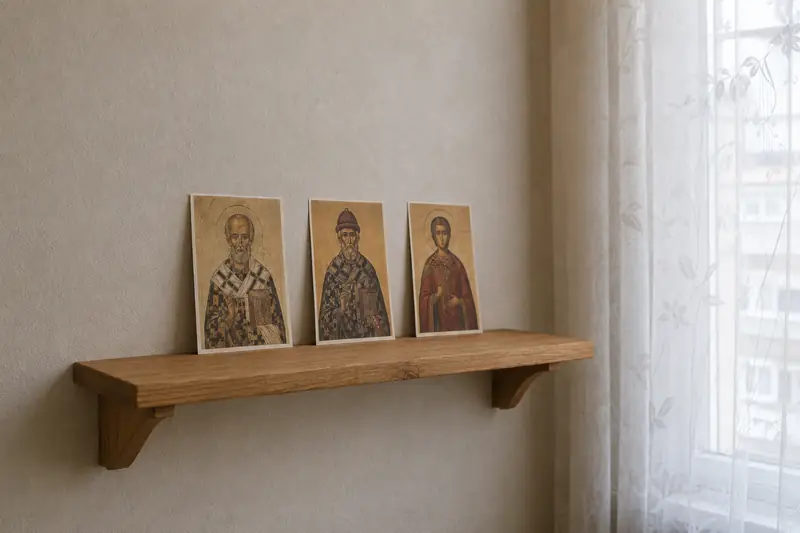 Три бумажные иконки на простой деревянной полке — Спиридон Тримифунтский в центре, Николай Чудотворец и мученик Иоанн Сочавский по сторонам, при мягком дневном свете из окна — к каким святым обращаются о продаже жилья