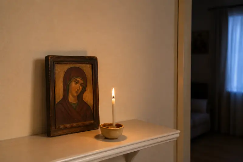 Икона Богородицы в простой деревянной рамке на белой полке, перед ней одна тонкая зажжённая церковная свеча в простом подсвечнике, мягкий тёплый ламповый свет в спокойной домашней комнате — церковный взгляд на тяжёлые слова матери