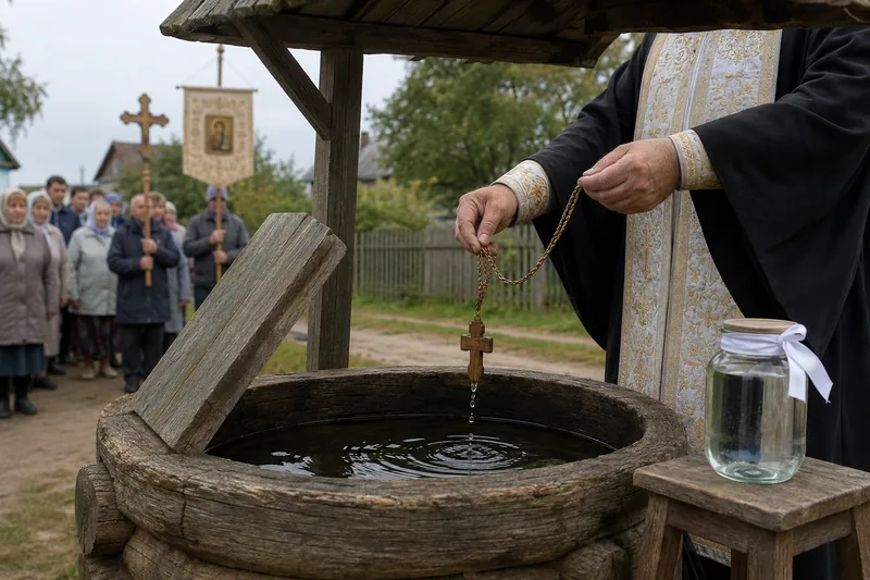 Деревенский колодец с открытой крышкой и капли воды на свежеосвящённом кресте у поднятой руки в епитрахили — крестный ход к воде на Первый Спас