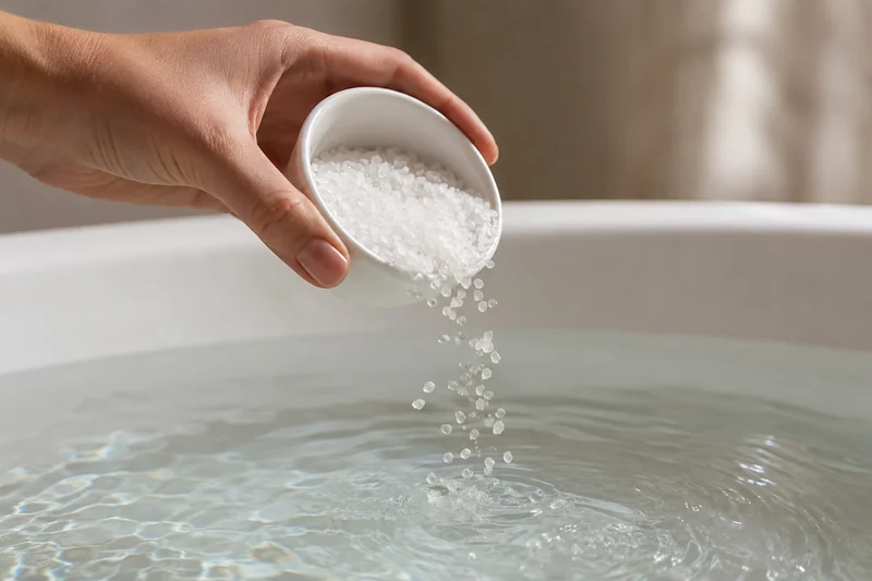 Рука высыпает крупную соль из чашки в воду ванны — пошаговый обряд с солью и водой от сглаза