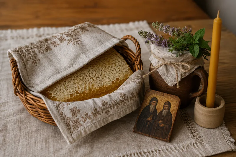 Сота под белым рушником в корзинке, глиняная кружка, веточка чабреца, восковая свеча и образок Зосимы и Савватия на льняной скатерти — что подготовить пасечнику с вечера на Медовый Спас