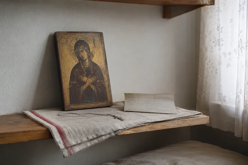 Маленькая иконка Богородицы, нательный крест и переписанный листок на полотенце — народный обережный заговор для солдата