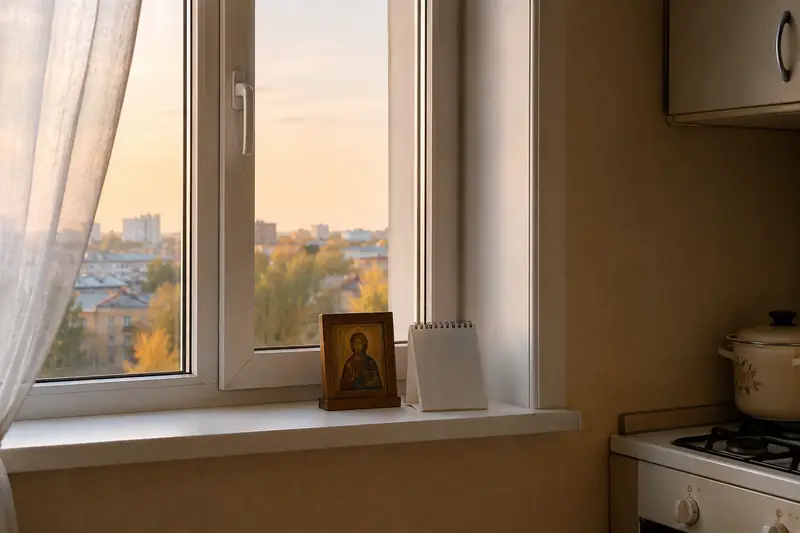 Кухонное окно с тюлевой занавеской при тёплом вечернем свете, на подоконнике стоит небольшая домашняя иконка и простой настольный календарь — когда читать тёщин обряд