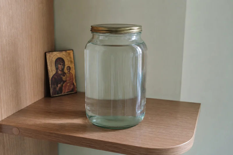 Стеклянная банка с крещенской водой плотно закрыта крышкой, стоит на полке в красном углу рядом с иконкой, спокойный свет — как хранить крещенскую воду весь год