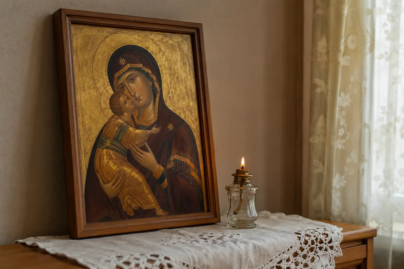 Икона Пресвятой Богородицы с лампадой на домашней полке, мягкий тёплый свет, без лиц людей — молитва Богородице о детях